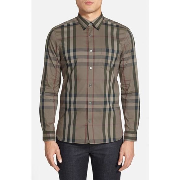 Burberry Brit Nelson Trim Fit Check Sport Shirt Pebble Green Iconic Check Sz M